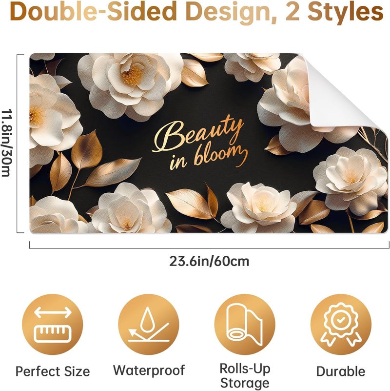 Aphlos Dual-Sided Synthetic Leather Decorative Makeup Mat for Crafting, Furniture Protection, Scratch & Stain Resistant Surface Desk Pad, Waterproof Easy to Clean Vanity Protector (White Camellia) - Image 4